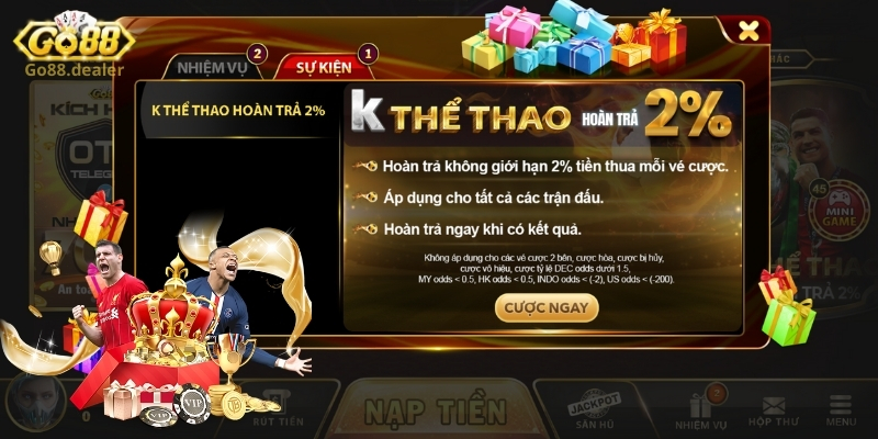 Cá độ mùa Euro không lo thua lỗ với khuyến mãi hoàn cược 2% vé thua